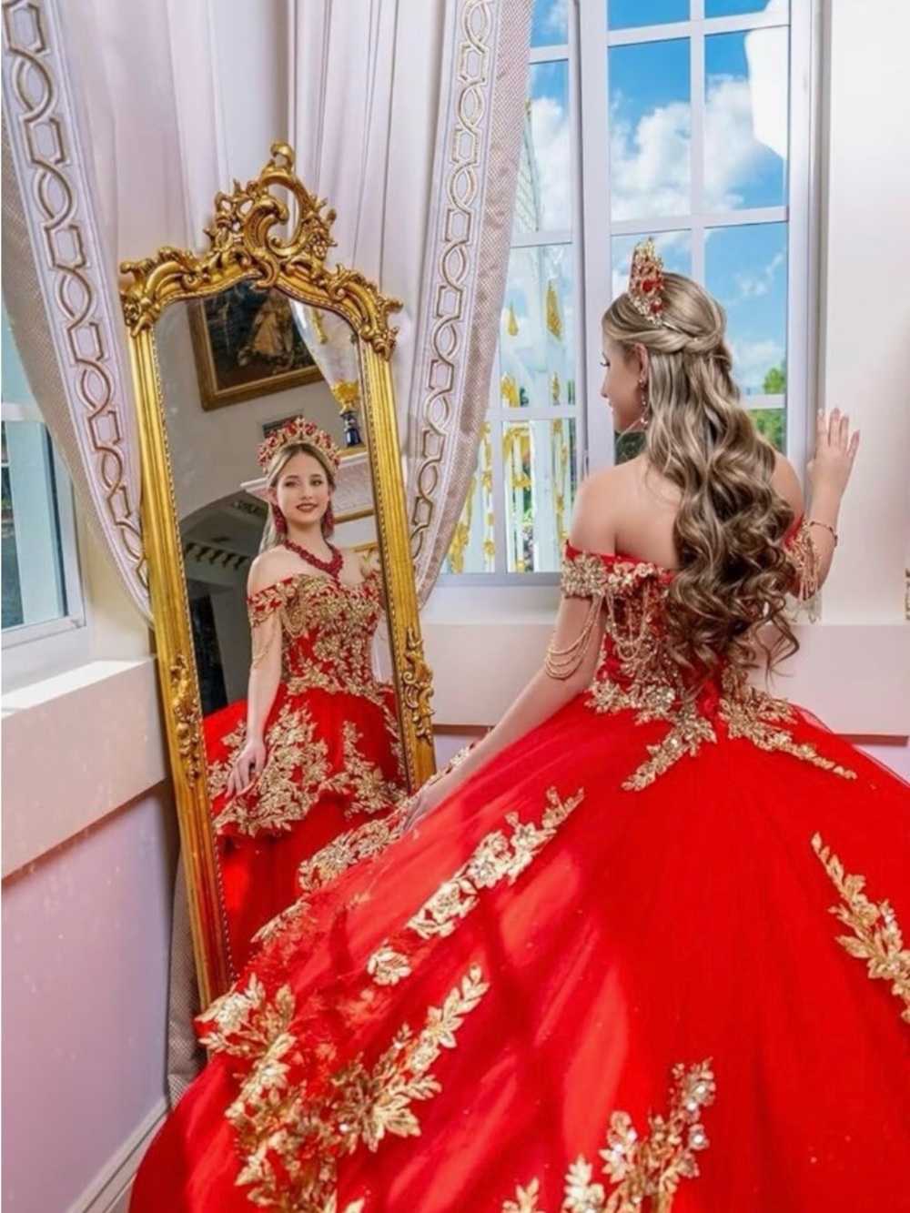 Quinceañera Red and gold Embroidered Ball Gown Sz 8